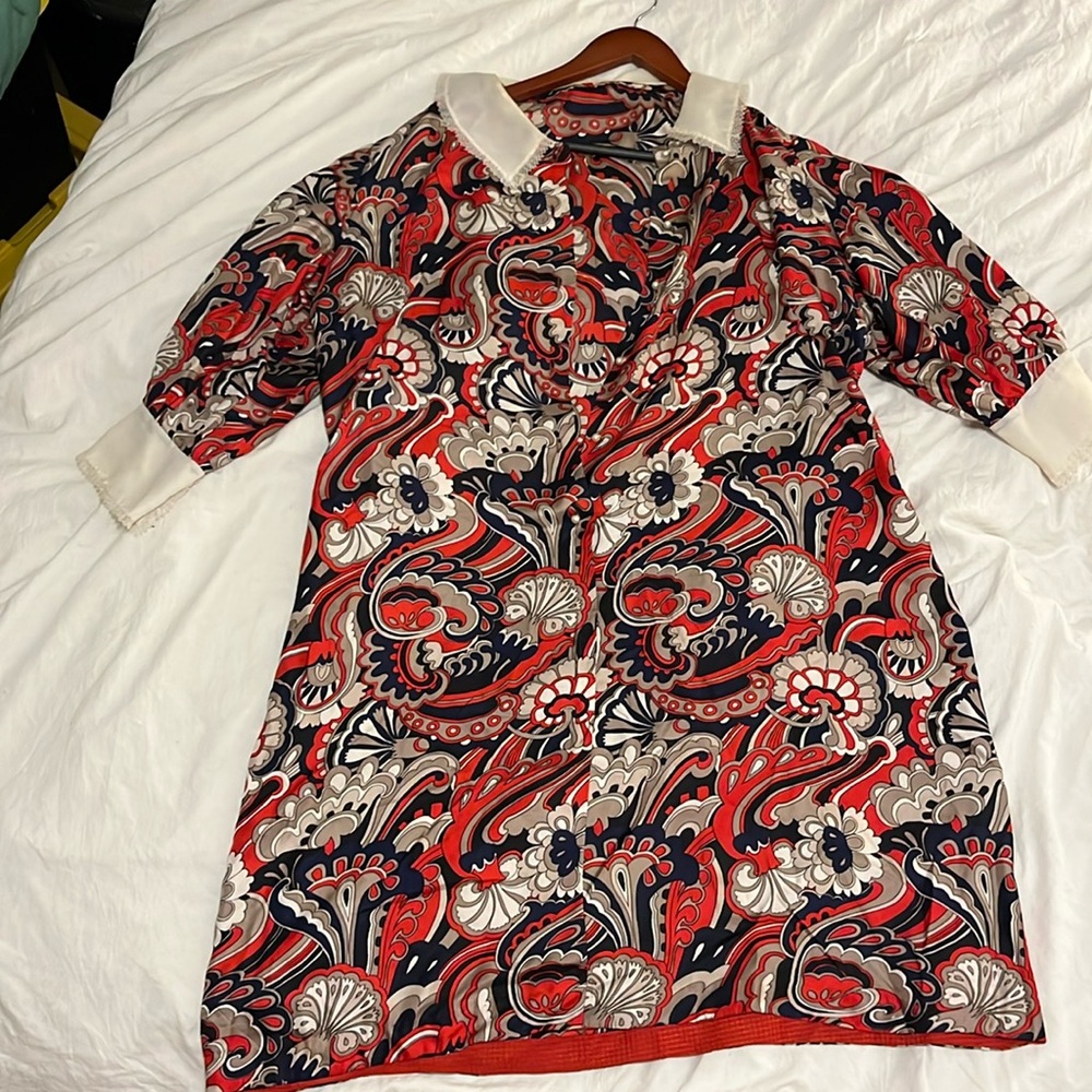 Vintage Red White Blue Swirl Print Lace Collar Knee Length Dresss Size XL/14/16